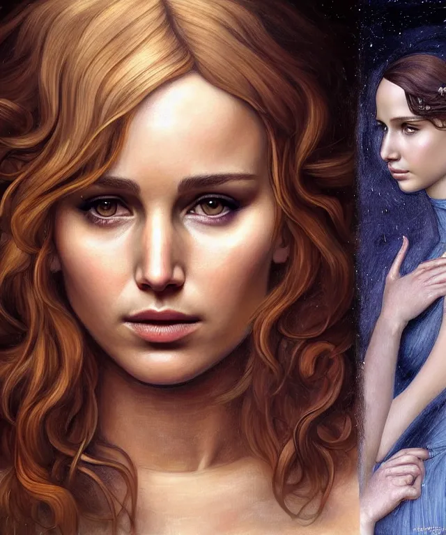 Image similar to half nathalie portman half Jennifer lawrence a fantasy magic woman portrait by Sandro Botticelli, oil painting masterpiece, sci-fi, amber eyes, face, long hair, fantasy, intricate, elegant, highly detailed, digital painting, artstation, concept art, smooth, sharp focus, illustration, art by artgerm and greg rutkowski and alphonse mucha