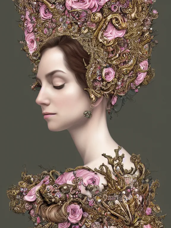 Prompt: a beautiful portrait render of baroque young lady who has perfect human face and dramatic headdress with intricate fractals of flowers and star made of crystals, by Billelis and aaron horkey and peter gric and Nekro and Virginie Ropars,ZBrush,hyperreal,pearlescent,jewelry,gold,pink,maximalist