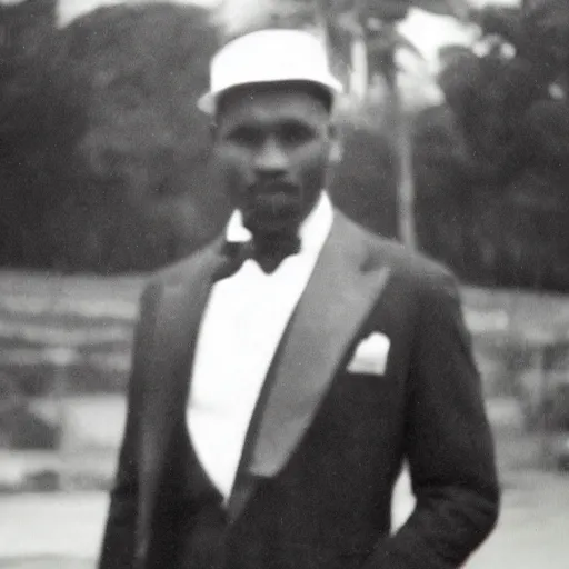 Image similar to vintage photo of a black man wearing a black suit in front of rio de janeiro