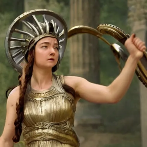 Image similar to the greek goddess athena in battle, scene from live action movie