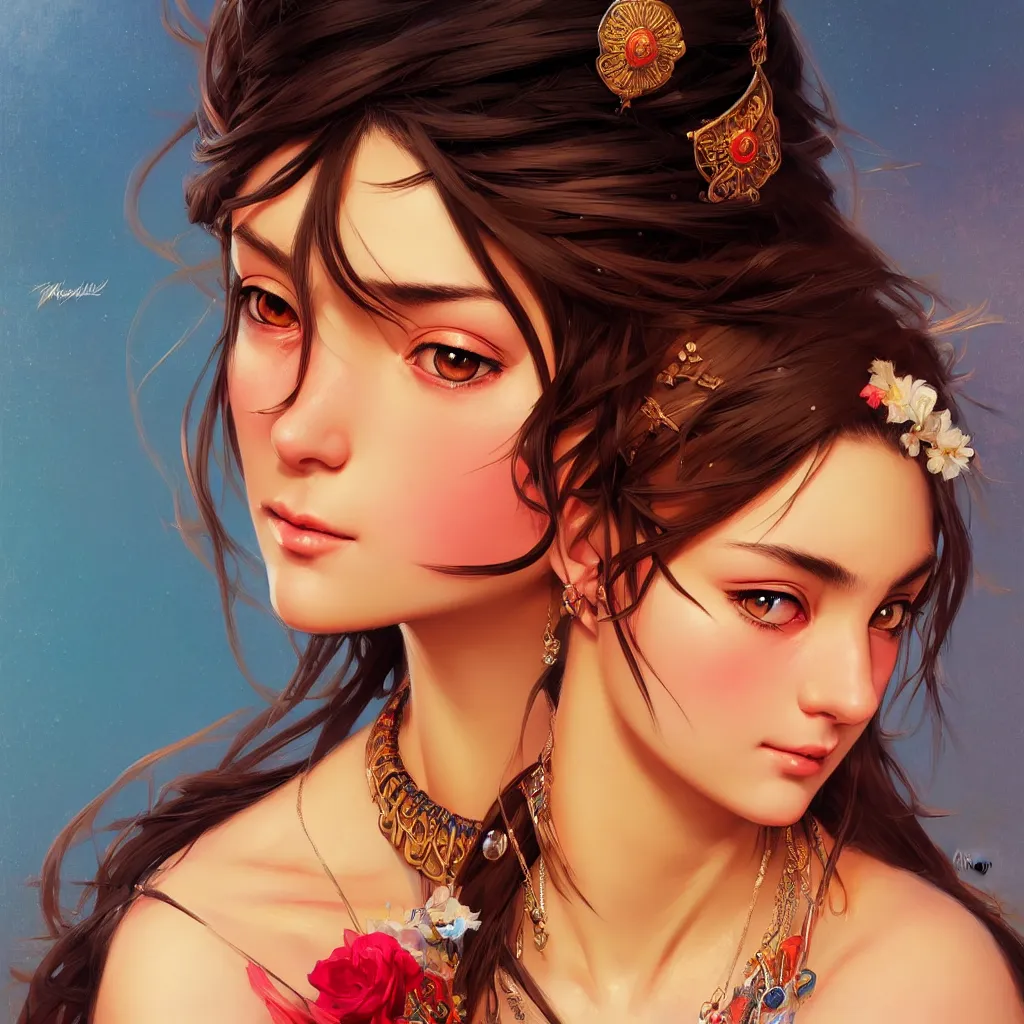 Image similar to a comic portrait of an gypsy girl, fine - face, realistic shaded perfect face, fine details, jewelry, night setting. very anime style. realistic shaded lighting poster by ilya kuvshinov katsuhiro, magali villeneuve, artgerm, jeremy lipkin and michael garmash, rob rey and kentaro miura style, trending on art station