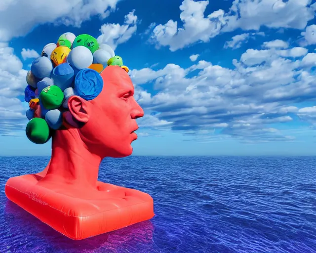 Image similar to a long shot of a giant award winning sculpture of a human head made out of a lot of inflatable pool toys, on the surface of the ocean, in the style of chad knight, hyper detailed, hyper realistic, ray tracing, 8 k resolution, sharp focus, realistic water