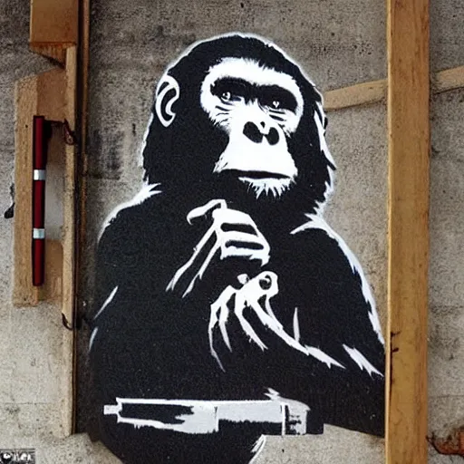 Prompt: ape in a carpenter workshop made by banksy