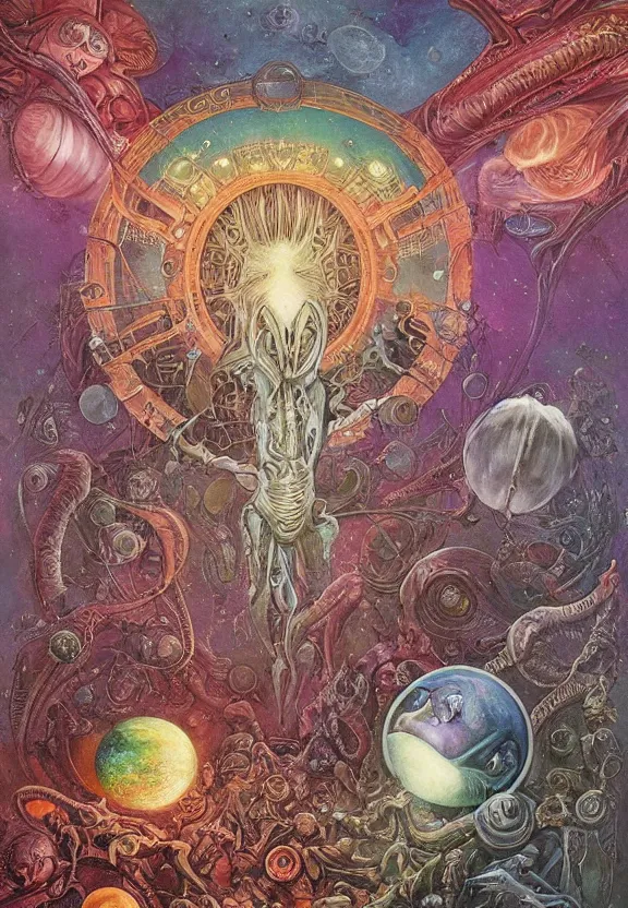 Image similar to simplicity, elegant, colorful muscular sci - fi eldritch, flowers, astronauts, radiating, mandala, psychedelic, outer space, shadows, by h. r. giger and esao andrews and maria sibylla merian eugene delacroix, gustave dore, thomas moran, pop art, giger's biomechanical xenomorph, art nouveau