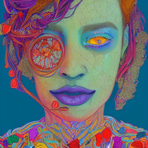 Image similar to the portrait of a beautiful young woman partially made up of peppers of all colors, an ultrafine detailed illustration by james jean, intricate linework, bright colors, final fantasy, behance contest winner, vanitas, angular, altermodern, unreal engine 5 highly rendered, global illumination, radiant light, detailed and intricate environment