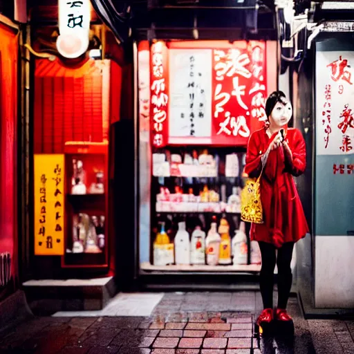 Image similar to portrait of a young japanese woman drinking a campari spritz in a tokyo alley at night, raining, photography