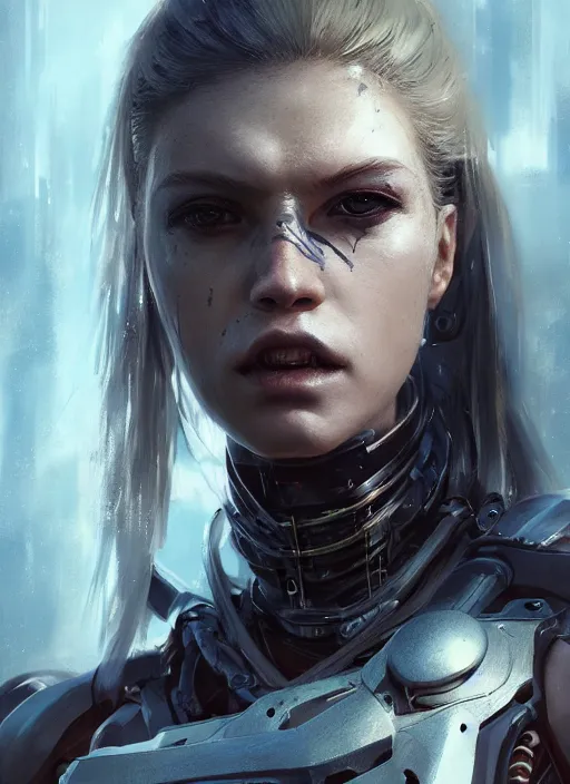 Image similar to A portrait of a monstrous female cyborg by Greg Rutkowski, Sung Choi, Mitchell Mohrhauser, Maciej Kuciara, Johnson Ting, Maxim Verehin, Peter Konig, final fantasy, 8k photorealistic, cinematic lighting, HD, high details, dramatic, atmospheric , trending on artstation