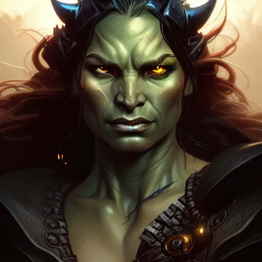 Prompt: An epic fantasy comic book style portrait of a female orc, stormy setting, movie lightning, intricate, elegant, highly detailed, digital painting, artstation, concept art, matte, sharp focus, illustration, art by Artgerm and Greg Rutkowski and Alphonse Mucha