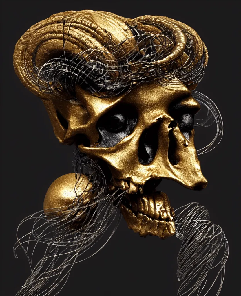 Image similar to black background. goddess princess face close-up portrait ram skull. sculpture made of gold and black charcoal. jellyfish phoenix head, nautilus, orchid, skull, betta fish, bioluminiscent creatures, intricate artwork by Tooth Wu and wlop and beeple. octane render, trending on artstation, greg rutkowski very coherent symmetrical artwork. cinematic, hyper realism, high detail, octane render, 8k