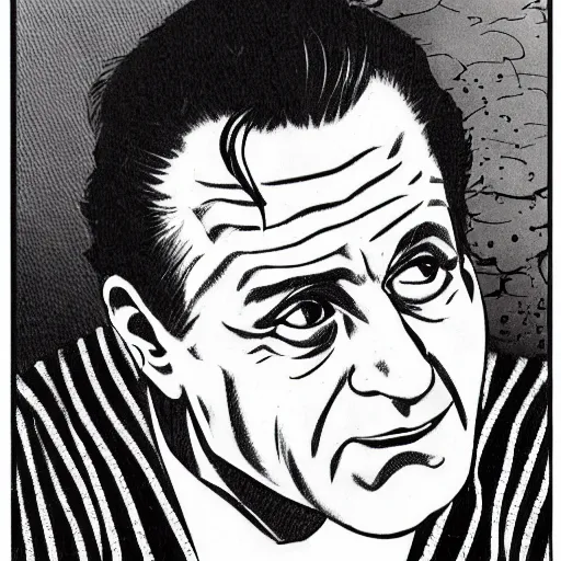 Prompt: Joe Pesci drawn in a black and white manga panel, art by Nobuyuki Fukumoto