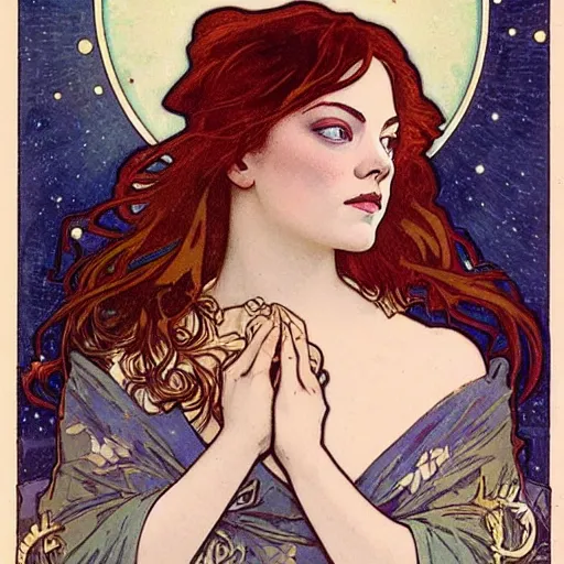 Image similar to emma stone portrait by louis - theophile hingre and alphonse mucha, realistic, sharp focus, zodiac signs, tarot cards, planets, ethereal, art nouveau, magic, moon, sun, crown, dreamy, royal, jewellery