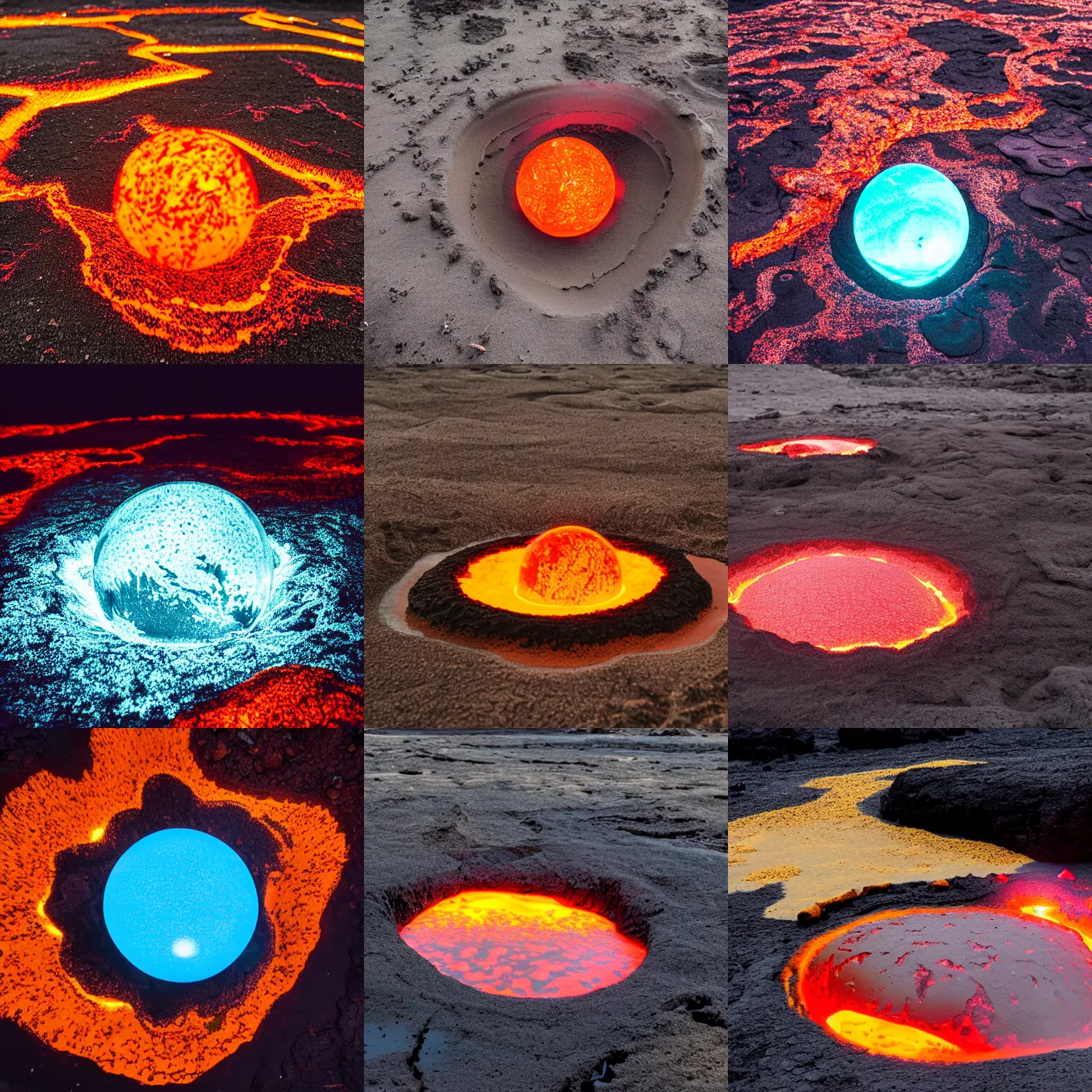 Prompt: a big puddle filled with glowing lava with a sphere made of sand hovering over it