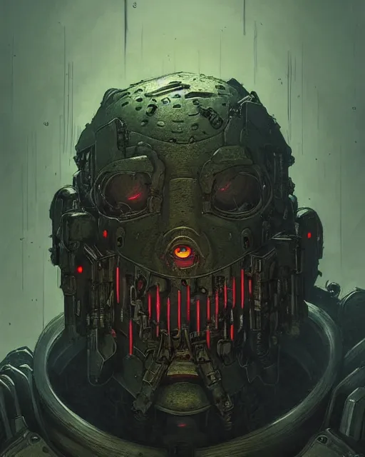 Image similar to bastion from overwatch, evil sinister robot, character portrait, portrait, close up, concept art, intricate details, highly detailed, horror poster, horror, vintage horror art, realistic, terrifying, in the style of michael whelan, beksinski, and gustave dore