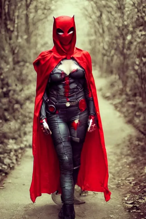 Prompt: red hood cosplay, creepy, disturbing, bloody, femenine body, grainy