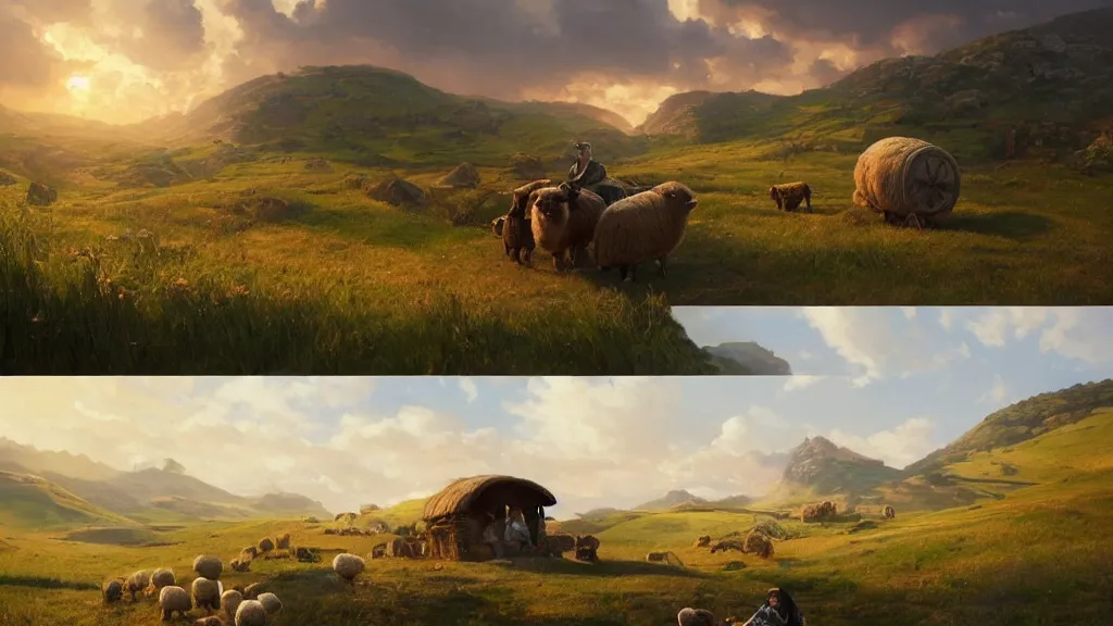 Image similar to a beautiful painting of hills in the shire with round hobbit doors and windows in them, with a young hobbit shepherd driving fat sheep, at sunrise, intricate, elegant, highly detailed, digital painting, artstation, concept art, by krenz cushart and artem demura and alphonse mucha