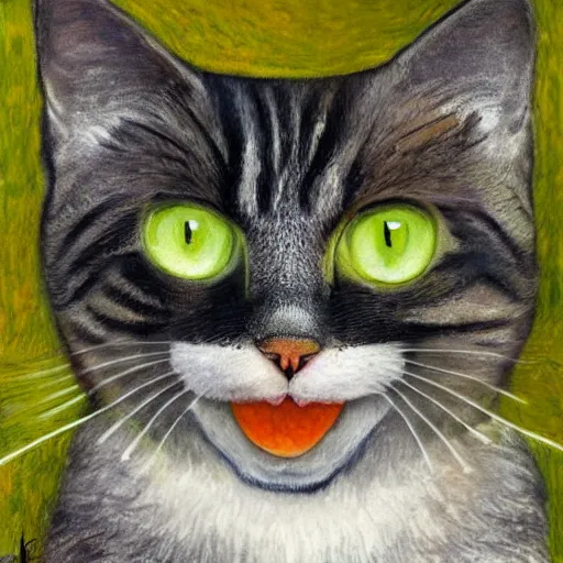 Image similar to portrait of a very fluffy dark tabby cat with green eyes eating cat food, happy cat, canned food, moonlight, full body, smiling cat, golden colors, flowers, intricate, elegant, highly detailed, smooth, sharp focus, illustration, art by gustav klimt