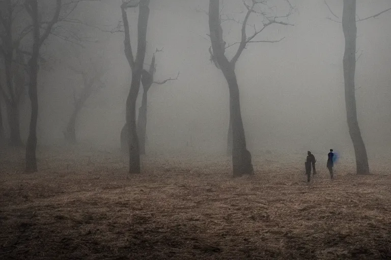 Image similar to photo of people being absorbed by the mist, eerie atmosphere, fear, mystery, dramatic, 8 k uhd