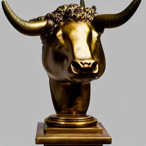 Image similar to professional color photograph of a patinated bronze portrait bust of an angry unicorn bull supported by a bronze plinth, by Auguste Rodin