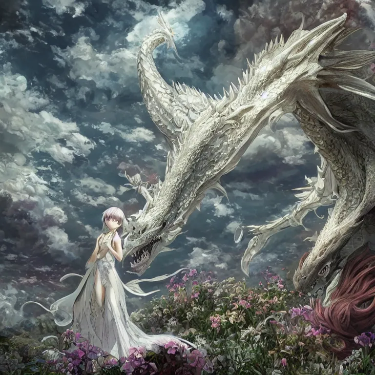 Image similar to the beautiful hyper detailed scene render that a lonely beautiful girl lies in the arms of a huge silver white dragon alone in fairyland surrounded by white clouds, finely detailed angelic face delicate features, style of studio ghibli, makoto shinkai, raphael lacoste, louis comfort tiffany, artgerm, james jean, ross tran, animation style, hd, ultra wide angle