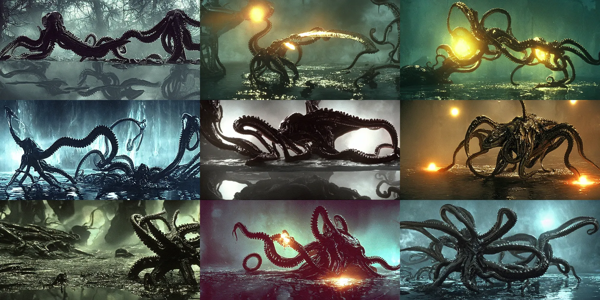 Prompt: Xenomorph octopus in a swamp, reflections on the water, anamorphic flares , film still from Aliens by James Cameron