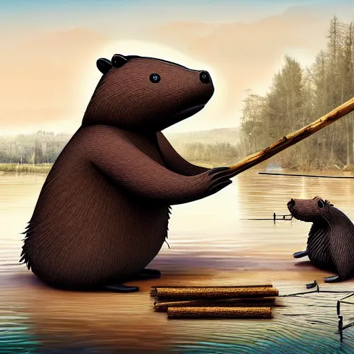 Prompt: photography hyperrealism concept art of anthropomorphic beavers builders that building city with sticks