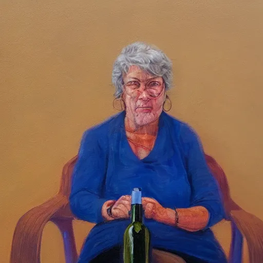 Prompt: a older woman at a party sitting on a wine bottle, hyper-realism, realism, 4k,