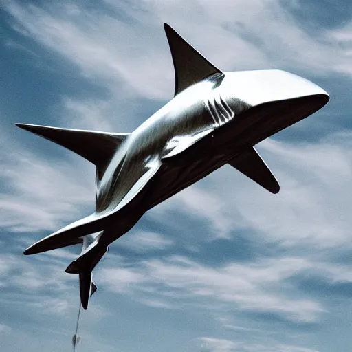 Image similar to air shark flying in the sky, metallic, shiny, chrome, clouds