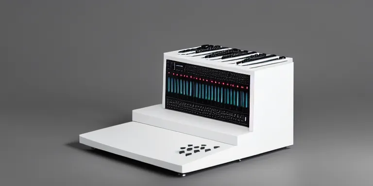 Prompt: dezeen showroom , minimalissimo, archdaily, ignant, teenage engineering moad, product design concept, product shot of moog melotron synthesizer made by jony ives , dieter rams, 8k, high detailed photo