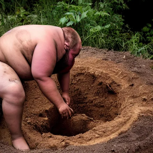 Image similar to a dramatic photo of a fat man who has dug a large hole and discovered the worlds largest yam. he is crying tears of joy.