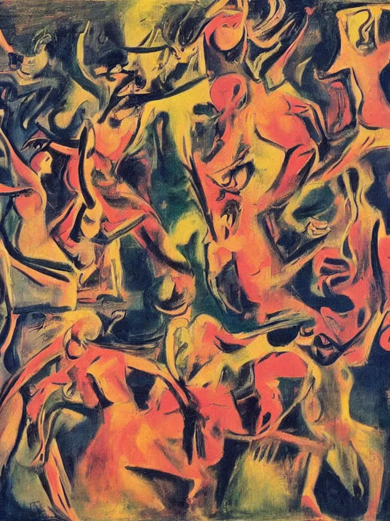 Prompt: surreal, tribal dance, art by willem de kooning, dali