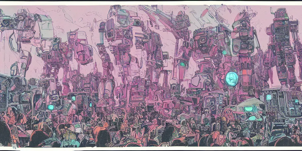 Prompt: risograph painting, hyper light drigter, a big mech droid head floating above the people, eden's world, style by moebius