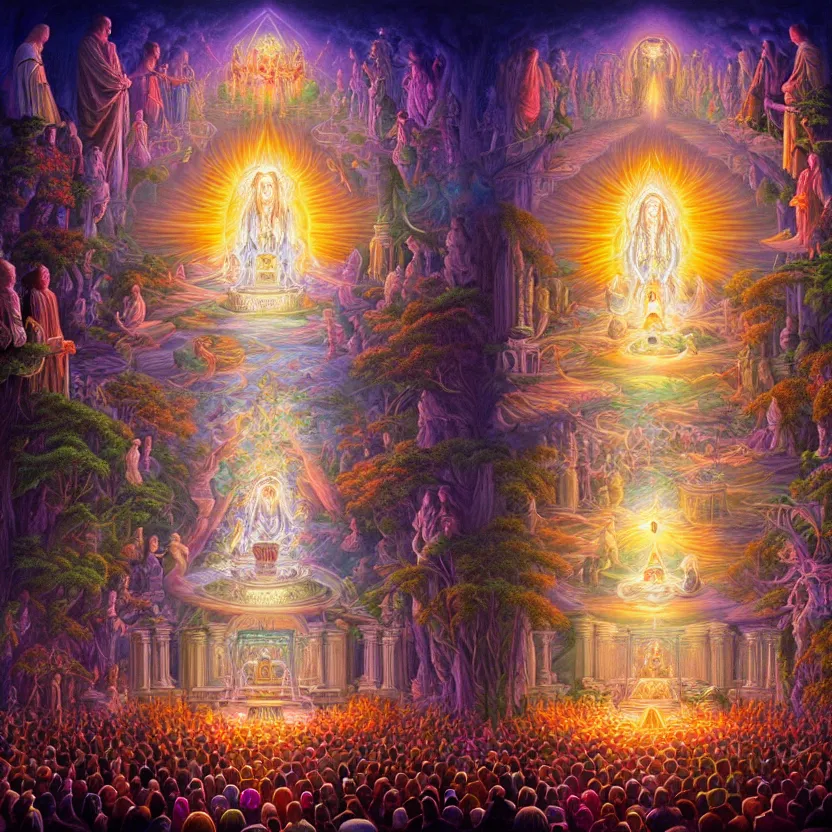 Prompt: a photorealistic detailed image of a sacred ceremony, spiritualism, wordly, utopian, triumphant, cinematic, epic, grandiose, unhinged, biology, surrealistic, by jason felix, dan mumford, kinkade, lisa frank, lois van baarle, ross tran, wpa, public works mural, orthodoxy