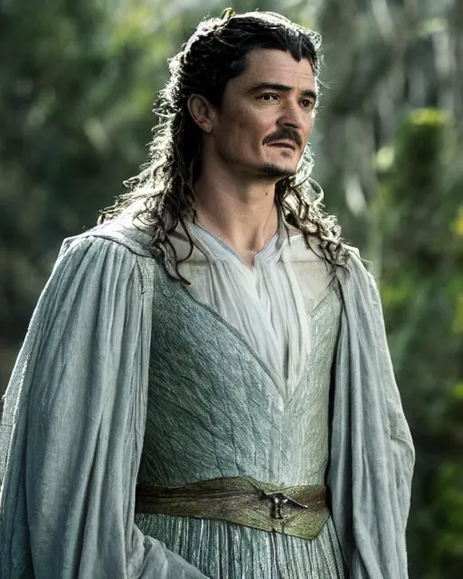 Image similar to Orlando Bloom in the role of galadriel, film still, high detail