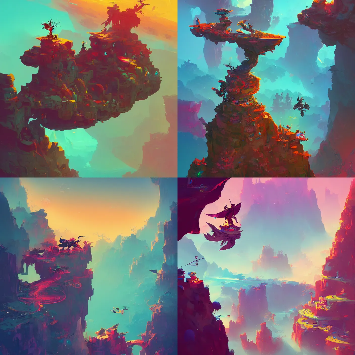 Prompt: A samurai riding a giant owl over a colorful canyon, video game art, 2.5D, by Anton Fadeev, trending on artstation