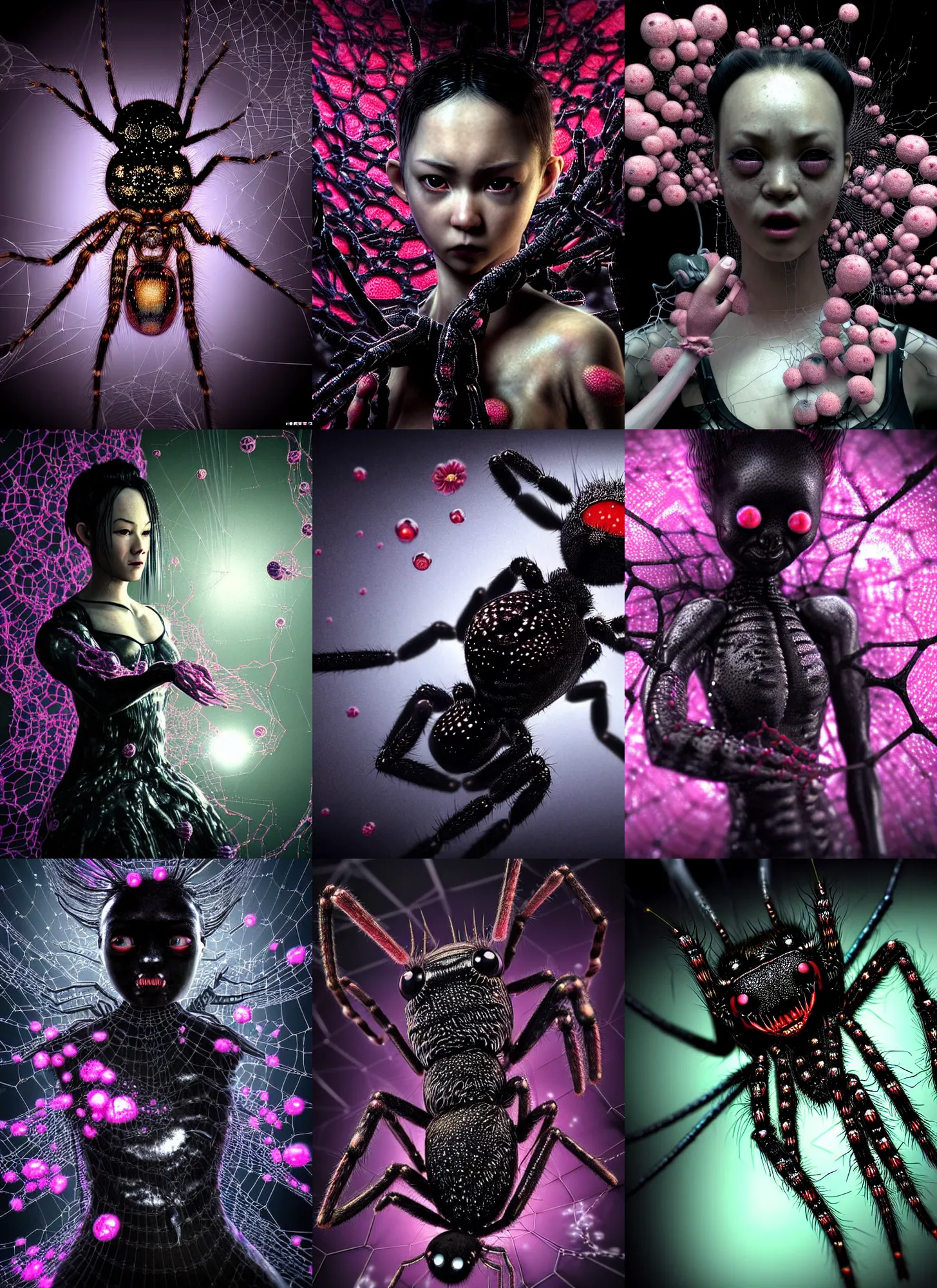 Prompt: hyper detailed 3d render like a dark Oil painting - kawaii screenshot from new matrix movie bullet time (a jumping-spider headed shiny profile lithe borg queen cenobite practical effects) seen Eating of the Strangling network of (charcoal and ben day dots) and milky Fruit wearing spidersilk dress and Her delicate pedipalps hold of gossamer polyp blossoms bring iridescent Cronenberg fungal flowers whose spores black the foolish stars by Jacek Yerka, Ilya Kuvshinov, Glenn Barr, Mariusz Lewandowski, Houdini algorithmic generative render, Abstract brush strokes, Masterpiece, Edward Hopper and James Gilleard, Zdzislaw Beksinski, Mark Ryden, Wolfgang Lettl, hints of Yayoi Kasuma, octane render, 8k