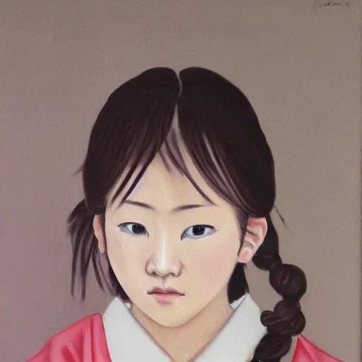 Image similar to a painting of Japanese schoolgirl, clothed, realism and naturalism