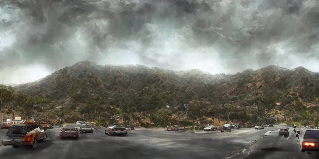 Image similar to a strong lovecratian monster attacks a rich los angeles suburb, matte painting trending on artstation, james gurney, view from a car, ominous sky