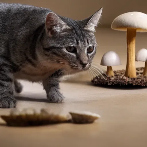 Image similar to a small domestic housecat with a thin mushroom growing atop its head