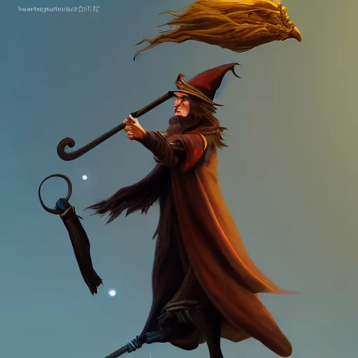 Image similar to wizard flying on the broom, front view, digital art, artstation