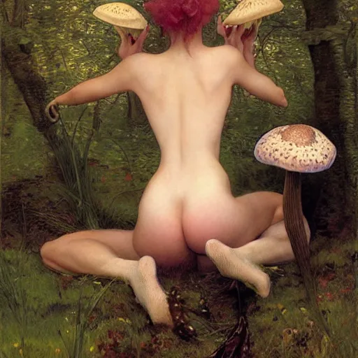 Prompt: a masterpiece full body portrait of a beautiful fairy from behind, bending over to pick a mushroom, beautiful face, flawless skin, heart shaped bottom, by Edgar Maxence and Ross Tran and Michael Whelan