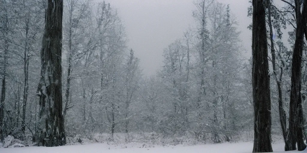 Image similar to photo, bigfoot faintly appears in the distance, barely able to be seen. cold color temperature, snow storm. hazy atmosphere. humidity haze. kodak ektachrome, greenish expired film, award winning, low contrast