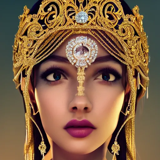 Image similar to portrait of pretty princess with perfect skin, glowing, ornate and intricate diamond jewelry, jaw dropping beauty, ornate and intricate backdrop, white accent lighting, hyper detailed, 4 k octane render