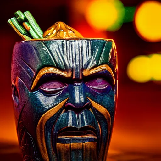 Image similar to a closeup photorealistic photograph of a glossy thanos style tiki mug sitting at a trader vic's bar featuring the face of thanos. tiki party. bright scene. fine detail. this 4 k hd image is trending on artstation, featured on behance, well - rendered, extra crisp, features intricate detail, epic composition and the style of unreal engine.