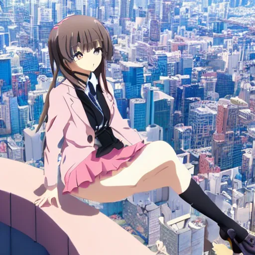 Image similar to Key Anime Visual a macro anime girl sitting on a miniature manhattan, official modern anime