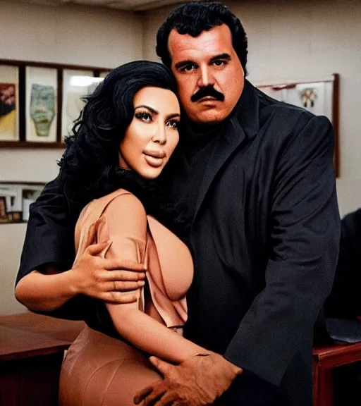 Prompt: Pablo Escobar hugging kim kardashian in a mafia office