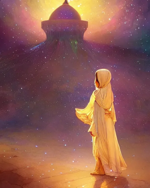 Image similar to bedouin child praying in galaxy walking towards mosque surrounded by nebula, highly detailed, gold filigree, romantic storybook fantasy, soft cinematic lighting, award, disney concept art watercolor illustration by mandy jurgens and alphonse mucha and alena aenami, pastel color palette, featured on artstation