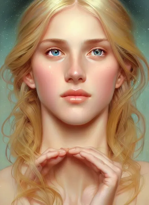 Image similar to beautiful feminine face!! portrait of young woman blessed by god with ever - increasing physical mental perfection, blonde, symmetrical! intricate, sensual features, highly detailed, divine holy perfection!! smile, digital painting, artstation, concept art, smooth, sharp focus, illustration, art by artgerm and greg rutkowski and alphonse mucha
