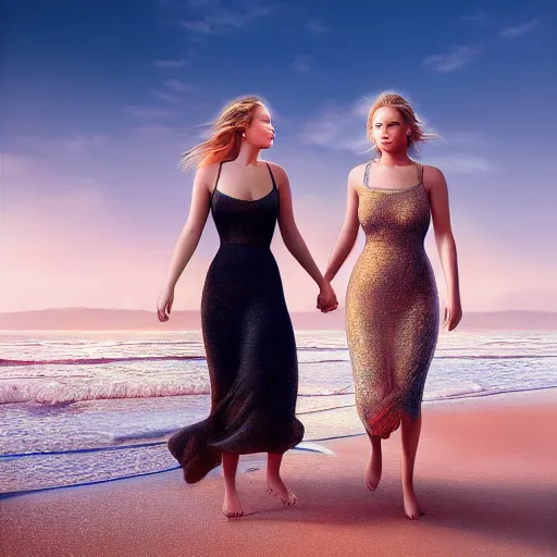 Prompt: beautiful serene intricate portrait of jennifer lawrence and jennifer lawrence, walking togetheron the beach, golden hour, soft focus, 8 k, art by irakli nadar, hyperrealism, hyperdetailed, ultra realistic