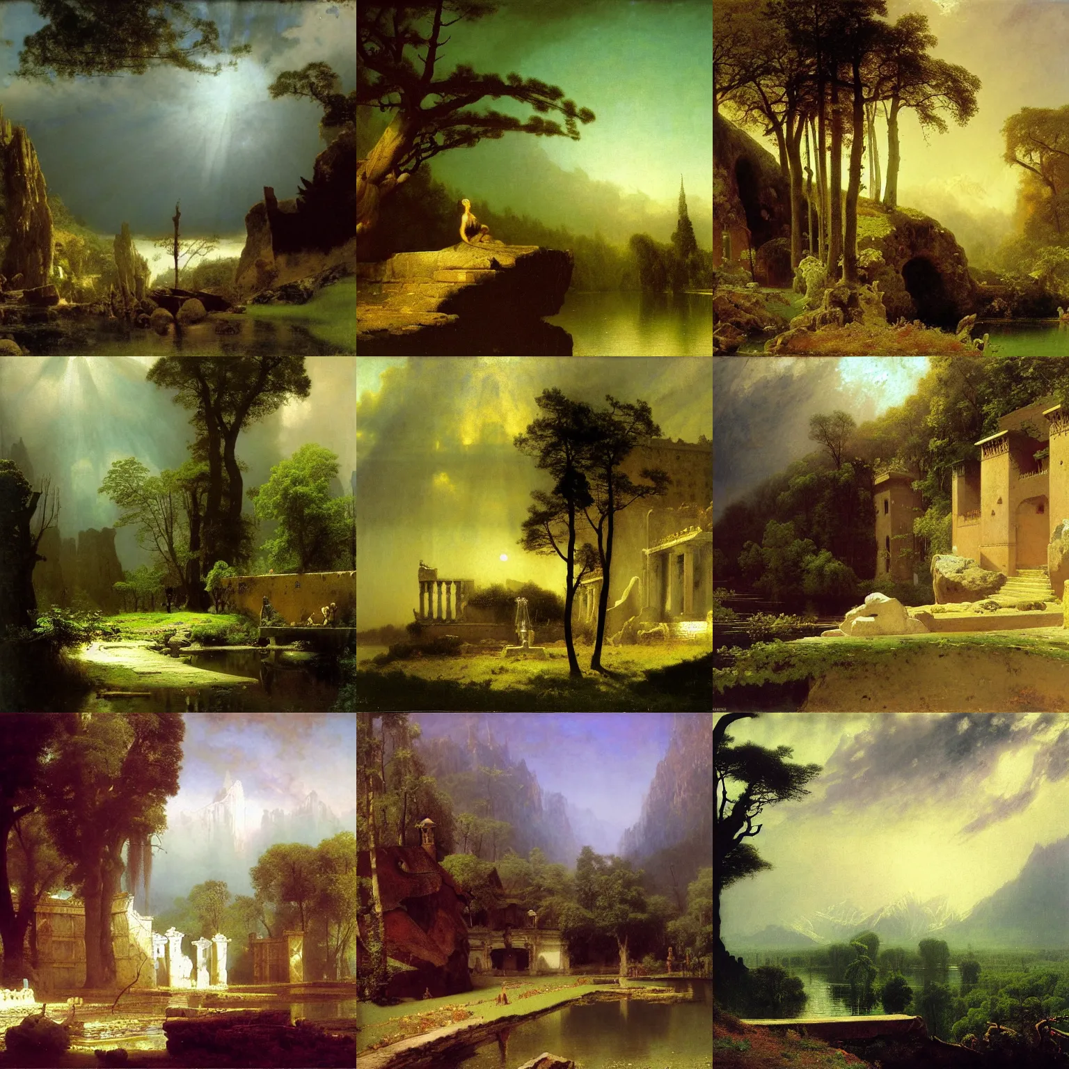 Prompt: artwork by albert bierstadt, arnold bocklin, asher b. durand, carl spitzweg, ferdinand knab, hubert robert