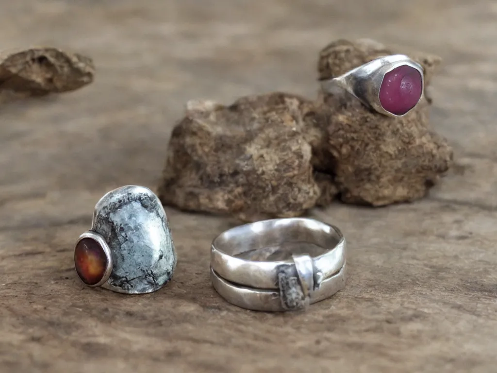 Prompt: rustic hand made rings hand crafted from silver and natural gemstones